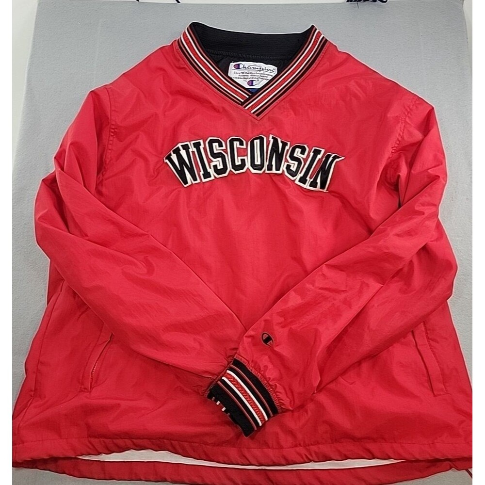 Vintage 90's Champion Wisconsin Badgers red Pullover V-Neck Windbreaker size XXL